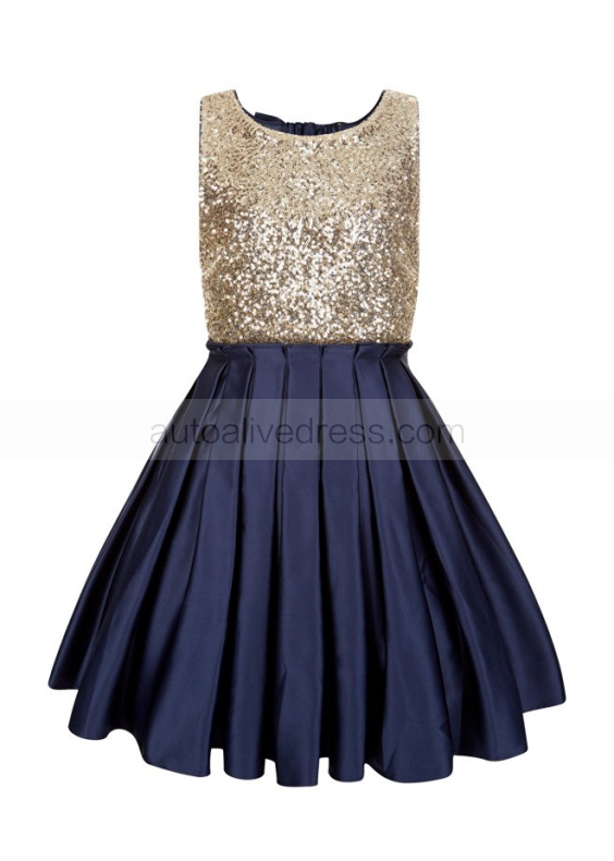 Gold Sequin Navy Blue Pleated Satin Keyhole Back Flower Girl Dress